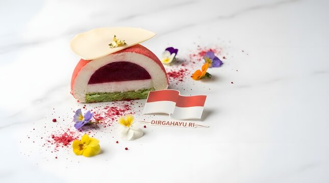 Gourmet red and white mousse cake with Indonesian flag.