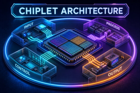 Chiplet Architecture 3D Neon Infographic