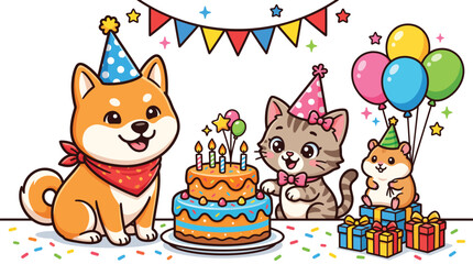 Fototapeta premium Cute Shiba Inu Dog Cat and Hamster Celebrating Birthday with Cake and Presents