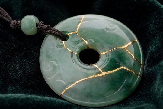 A broken jade pendant repaired with gold on dark velvet.
