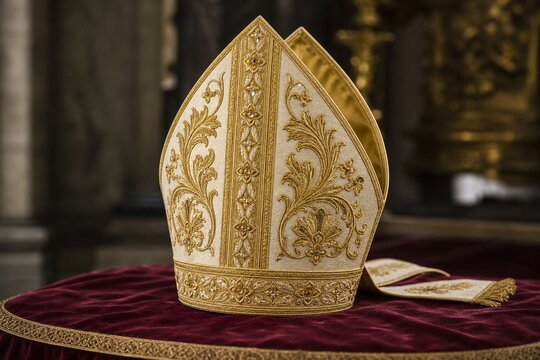A tall ceremonial bishop's mitre with intricate gold embroidery rests on a rich velvet cloth.