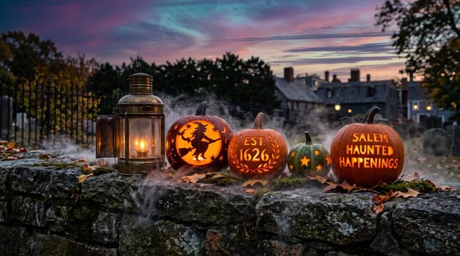 Salem Haunted Happenings, a vintage brass lantern and hand-carved heirloom pumpkins on a weathered colonial stone wall