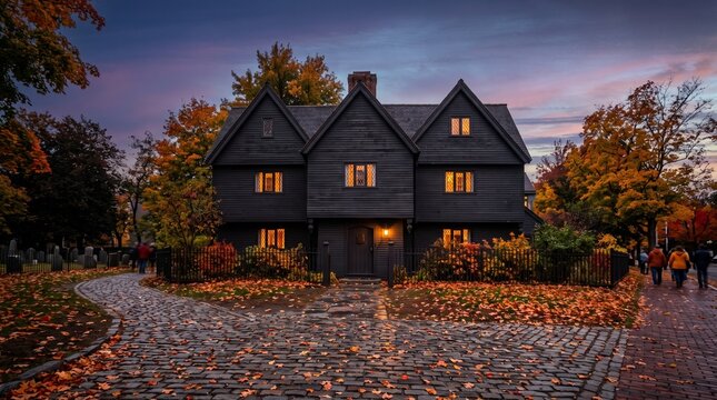 Salem Haunted Happenings, architectural shot of the historic black wooden Witch House at twilight