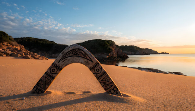 Handcrafted wooden boomerang standing upright on sandy beach shoreline during golden hour sunset light with boomerang intricate geometric geometric patterns embedded