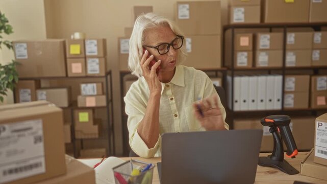 Woman on smartphone holding pen, hand to ear, working at laptop beside barcode scanner and stacked shipping boxes in warehouse; focused productivity.