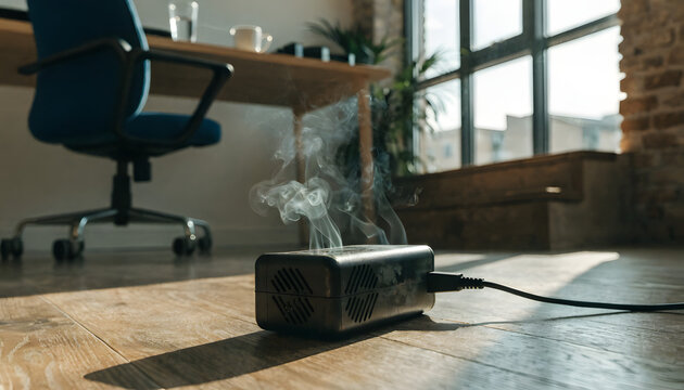 Overheating black electronic power adapter emitting smoke on wooden floor inside modern office interior with while resting wooden emitting thin wisps