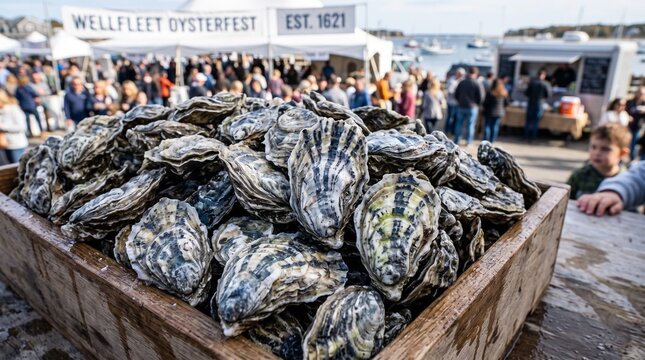 Wellfleet OysterFest, A detailed heap of unopened raw Wellfleet oysters showcasing their signature deep cups and mineral-rich shell patterns in shades of slate gray and pearl white