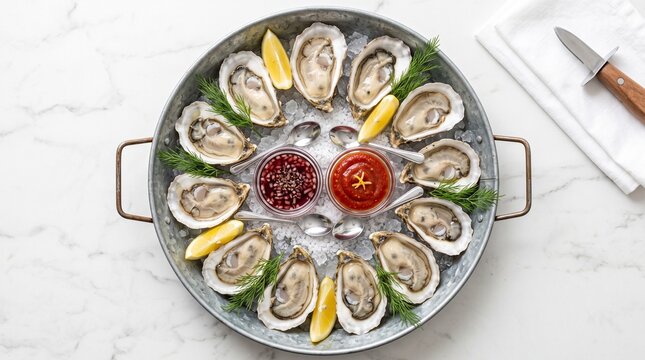 Wellfleet OysterFest, flat lay of a circular galvanized metal platter filled with a dozen chilled oysters, small glass ramekins of red wine mignonette and classic cocktail sauce