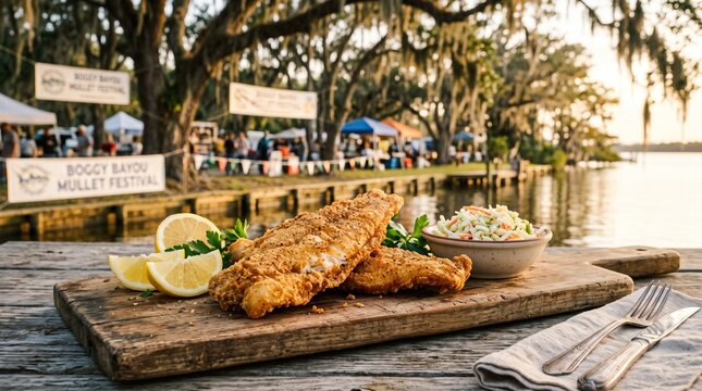 Boggy Bayou Mullet Festival, A rustic wooden platter featuring perfectly fried mullet, fresh lemon wedges, and a side of creamy coleslaw