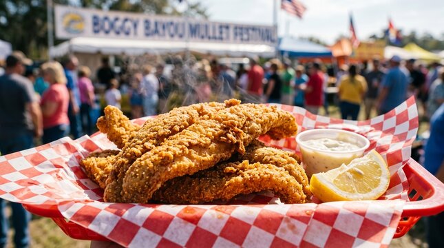 Boggy Bayou Mullet Festival, Macro shot of golden-brown fried mullet fillets served on checkered wax paper, visible steam rising