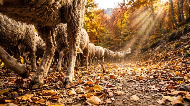 Trailing of the Sheep Festival, sheep hooves and legs moving through golden autumn leaves on a mountain trail