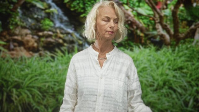 Woman with blonde bob extending right hand palm up, wearing white linen shirt and necklace, standing before green foliage and small waterfall in forest; serenity contemplation.