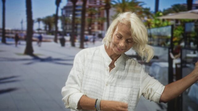 Woman, blonde middle age, wearing white linen shirt, smiles with raised arm touching glass partition and tilting head on a sunlit street; serenity.
