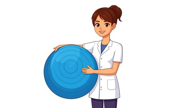 Business professional holding blue balloon in office.