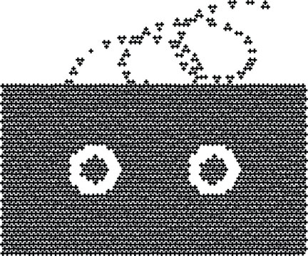 Rectangular block formed by black plus symbols with two circular holes and a swirling trail of plus signs on a white background