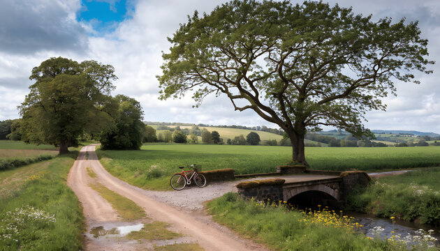 Bicycle parked beside stone bridge along winding dirt path through rolling green countryside fields with peaceful rural landscape bicycle leaning