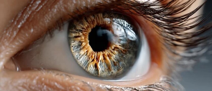 Intense Gaze: A captivating close-up shot focuses on a human eye, revealing intricate details of the iris and pupil, with eyelashes framing the intense, reflective gaze.