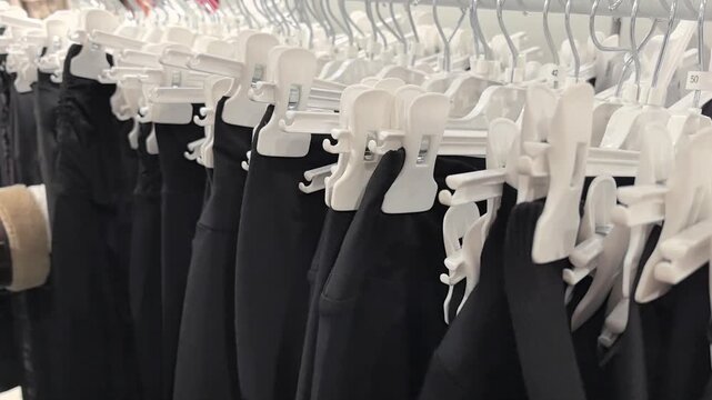 Discover a vibrant clothing store in a busy shopping center, where hands browse through various stylish pants hanging neatly on racks, showcasing fashion choices and colors.
