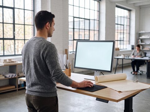 Junger Mann mit dunklen Haaren arbeitet stehend am h&ouml;henverstellbaren Stehschreibtisch vor einem Monitor in einem hellen modernen Architekturb&uuml;ro