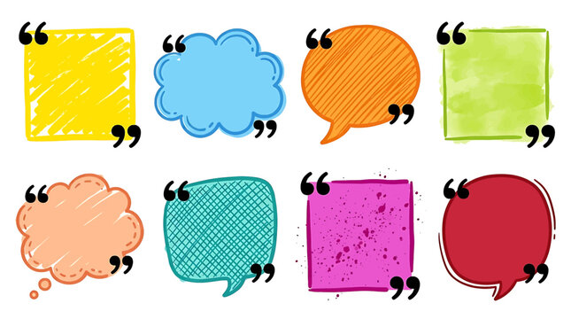 Colorful hand-drawn quote frames and speech bubbles with quotation marks for social media and text design