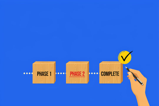 Corporate project workflow concept showing hand drawing checkmark over wooden blocks labeled phase one phase two complete blue background