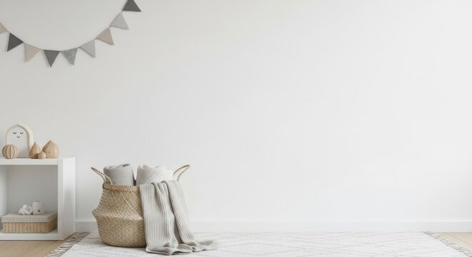 Cozy nursery corner with baskets and bunting decor