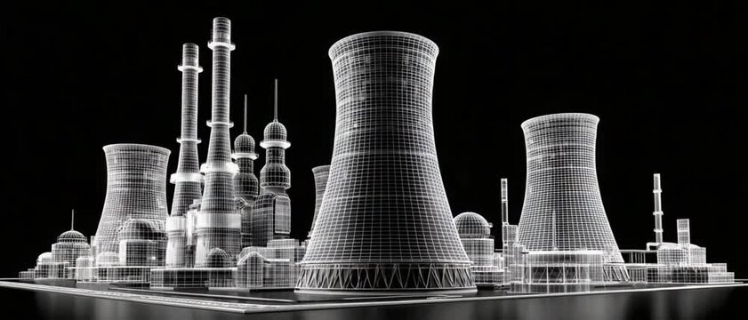 Futuristic Power Plant: A detailed wireframe rendering of a modern power plant, featuring prominent cooling towers and intricate industrial structures against a stark black background.
