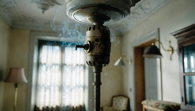 Vintage ceiling fan motor emitting wisps of smoke inside a dimly lit classic interior space with traditional residential room setting softly illuminated traditional
