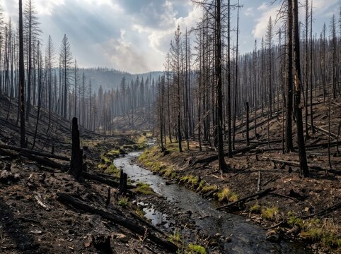 Devastating wildfire aftermath in a forest with a small stream , El Ni&ntilde;o