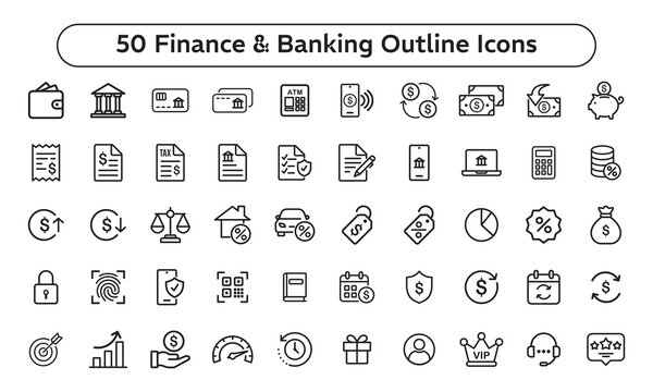 Finance and Banking Outline Icons Set, Payment, Wallet, Money, Tax, Banking and Financial UI Line Vector Collection
