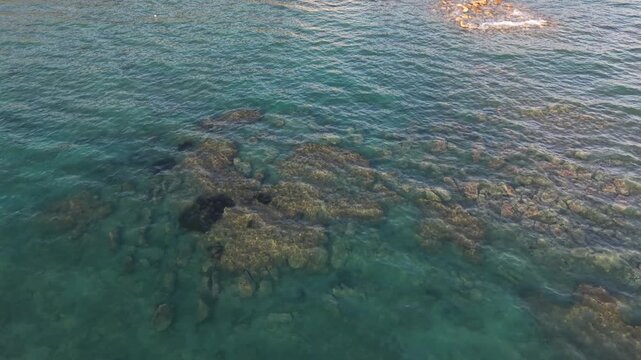Overhead aerial view of a secluded beach, submerged rocks and forested coastline at Kepi i Rodonit, Albania.