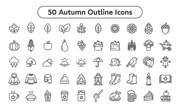 Autumn Outline Icons Set, Fall Season, Harvest, Thanksgiving, Nature and Cozy Lifestyle Line Vector Collection