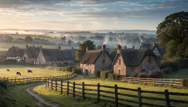 Serene english countryside village nestled among rolling green pastures at early morning golden sunrise with against backdrop rolling captures tranquil rural