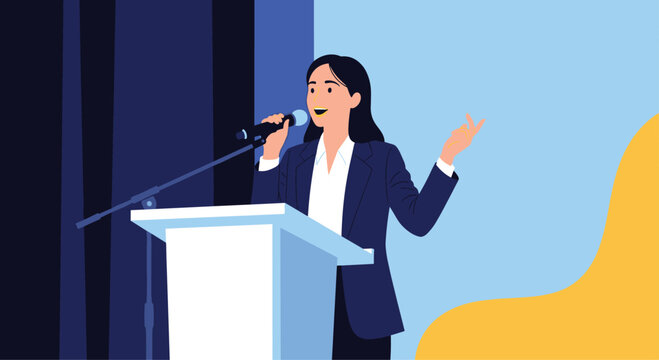 Confident businesswoman in a dark suit giving an important speech from a white podium into a small microphone.