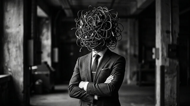 Man in Suit with Tangled Wires Head - Concept of Stress and Overwhelm