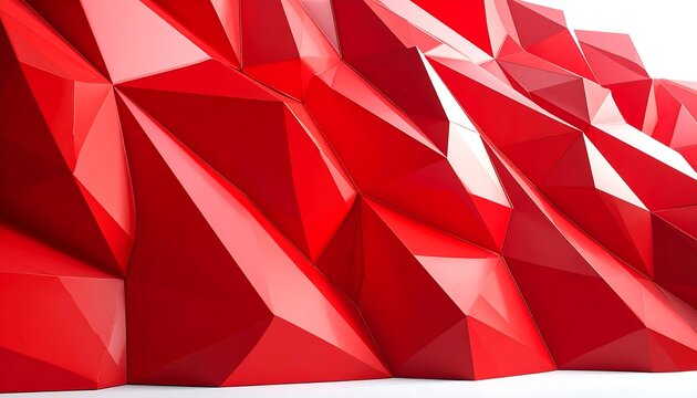 An abstract, textured wall design composed of geometric, red, faceted shapes. It exhibits light and shadow contrasts