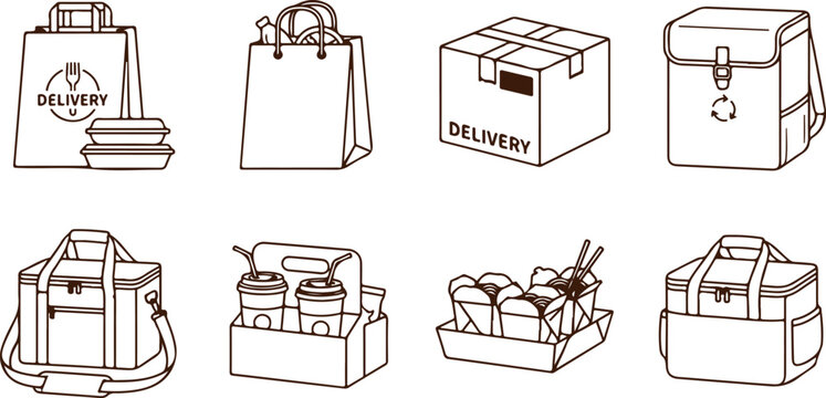 Food delivery service icons carrier bag box container for meals food order restaurant lunch dinner insulated bag courier bag.