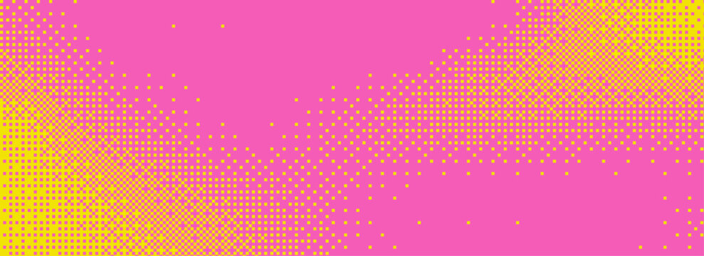 Pixelated bitmap gradient texture in yellow and pink color. Retro pixel art, glitch dither pattern, 8 bit background. Leisure or arcade games duotone border frame. Vector illustration
