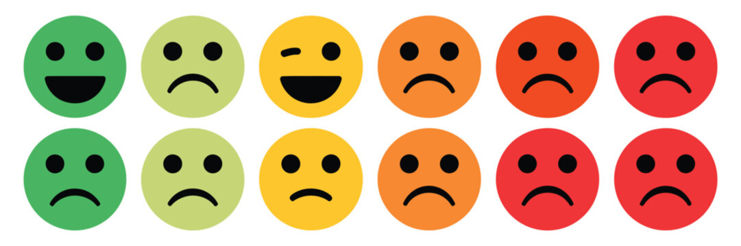 Emoticons, flat style emoji faces with happy, smiling, neutral, sad, and angry expressions, colorful facial icon set, vector illustration, isolated on transparent background.