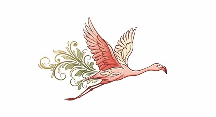 Obraz premium 飛翔するフラミンゴ、繊細な線画と色彩が織りなす幻想的な世界