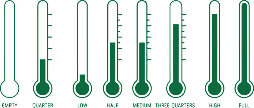 Thermometer icons liquid level indicator temperature gauge empty low half medium high full measurement tool celsius fahrenheit.