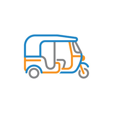 Minimalist blue and orange rickshaw tuk-tuk icon.
