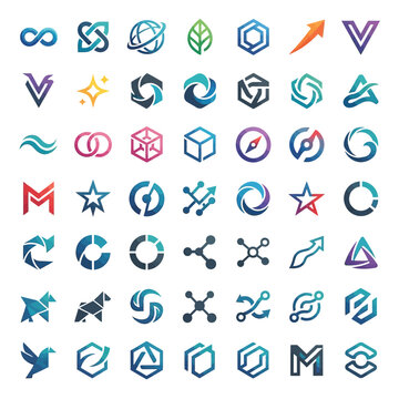 A large collection of modern corporate logo design elements and vector icons featuring geometric shapes and symbols