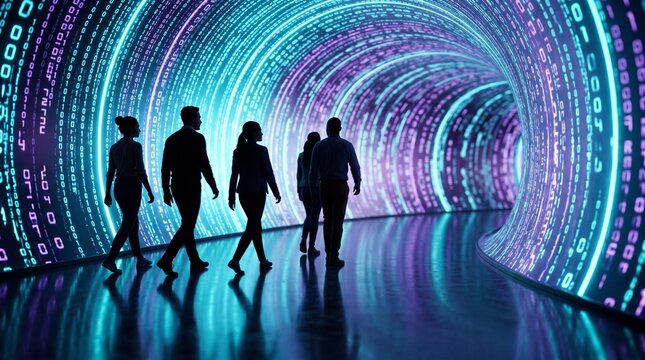 Silhouetted figures walking through a vibrant digital tunnel filled with glowing binary code effects.