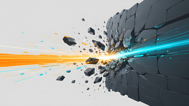 Powerful glowing blue laser beam breaking through a dark stone wall, exploding with orange energy blast and flying stone debris, digital illustration of business breakthrough