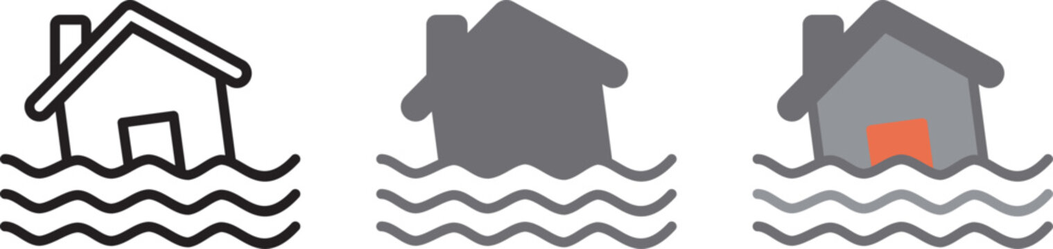 Flood House Icon. Home Flooding Symbol. Simple Pictogram for Water Disaster, Emergency Warning, Climate Change, Property Damage and Weather Forecast.