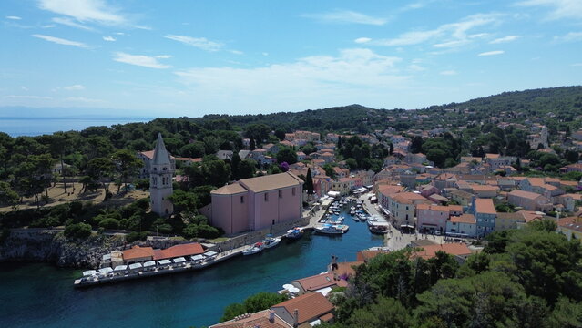 Drone view of historic center and harbor of Mali Lo&scaron;inj