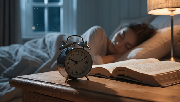 Analog alarm clock resting beside open book while young woman sleeps peacefully in bed with sleeping person background clock wooden nightstand
