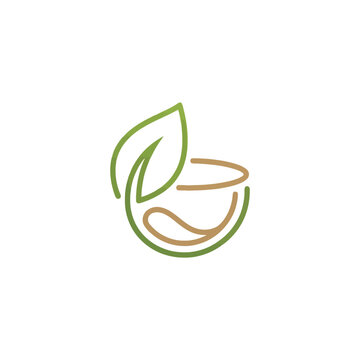 Minimalist leaf and cup logo in green and brown tones.