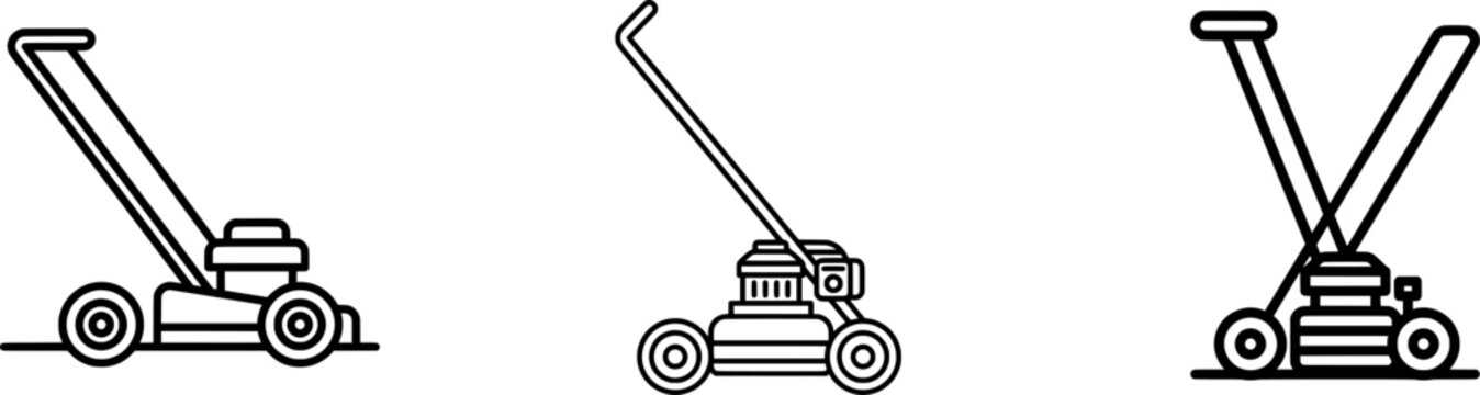 A sleek black push lawnmower icon with thick uniform lines is isolated on a pure white background in a minimalist flat vector style